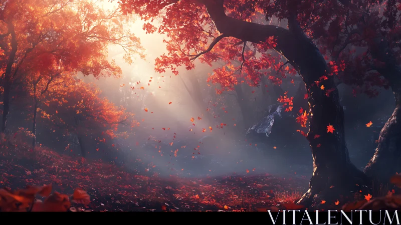 Forest scene with red autumn foliage and falling leaves in mist