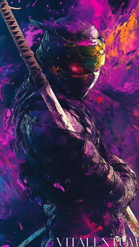 Neon‐lit cyber ninja stands amid explosive paint bursts.