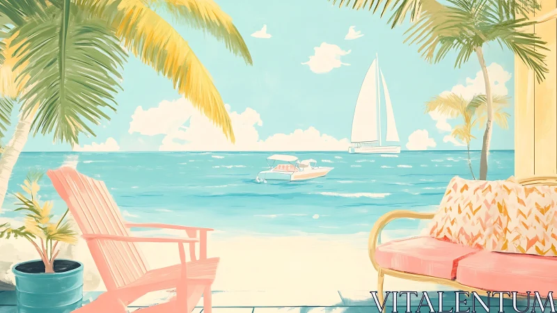 Sunwashed seaside patio gazes toward sailboats and pastel surf.