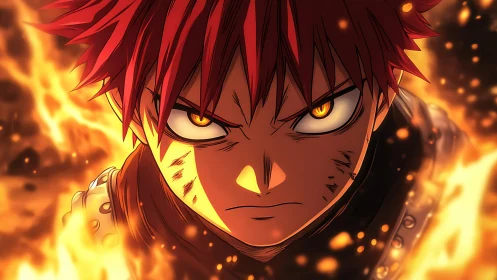Red haired anime character shown in close-up amid flames