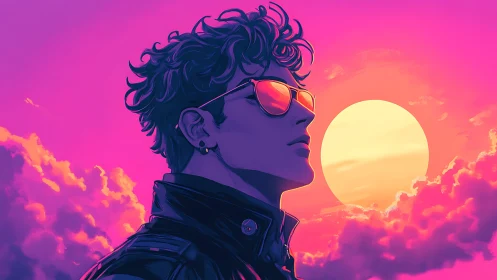 Side-profile figure with sunglasses before stylized sun.