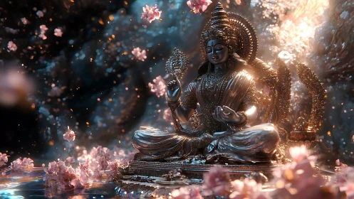 Gilded deity drifts in petals and light-splashed stillness