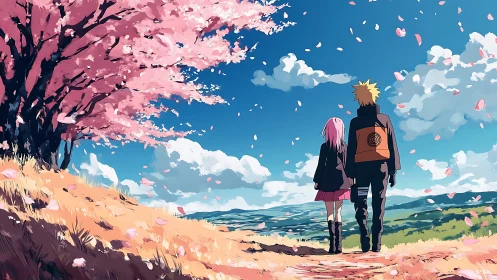 Anime couple under windblown cherry tree on panoramic hillside