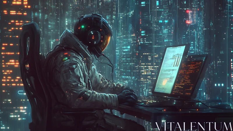 Neon night coder drifts through holographic data skyline.