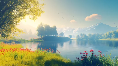 Digital landscape shows lake, trees, flowers, and mountains