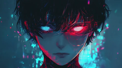 Glowing cyber gaze reveals a powerful, conflicted spirit