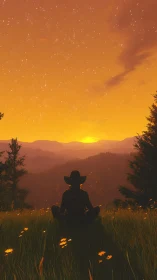 Silhouette figure on hillside observing layered sunset valley.