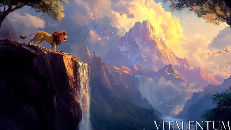 Majestic lion surveys luminous waterfalls and alpine peaks.
