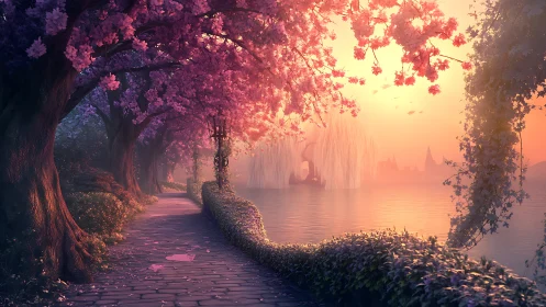 Sunlit blossom path beside a dreamy lakeside at dusk.