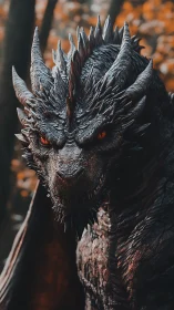 Regal ember-eyed dragon pausing in a quiet autumn forest.