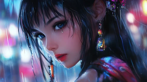 Cyberpunk rain portrait in luminous neon close-up composition.
