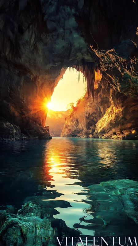 Sunlit sea cave with stratified rock textures and reflective water