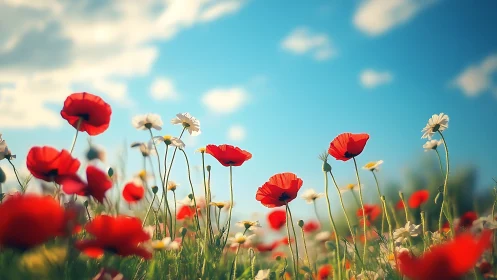 Red Poppies and Daisies Swaying in Golden Hour Light Field.