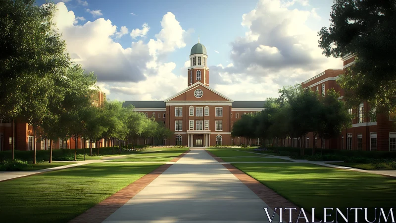 Red brick academic building framed by trees and lawns