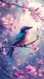 Blue songbird rests among glowing pink cherry blossoms