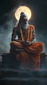 Digital render shows seated ascetic figure before full moon