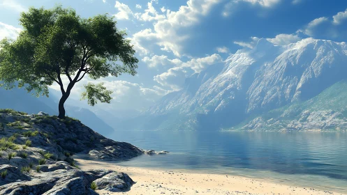 Solitary tree anchors tranquil alpine lake landscape.