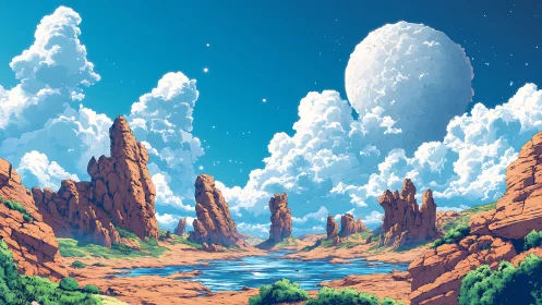 Celestial desert canyon under towering clouds and moon.