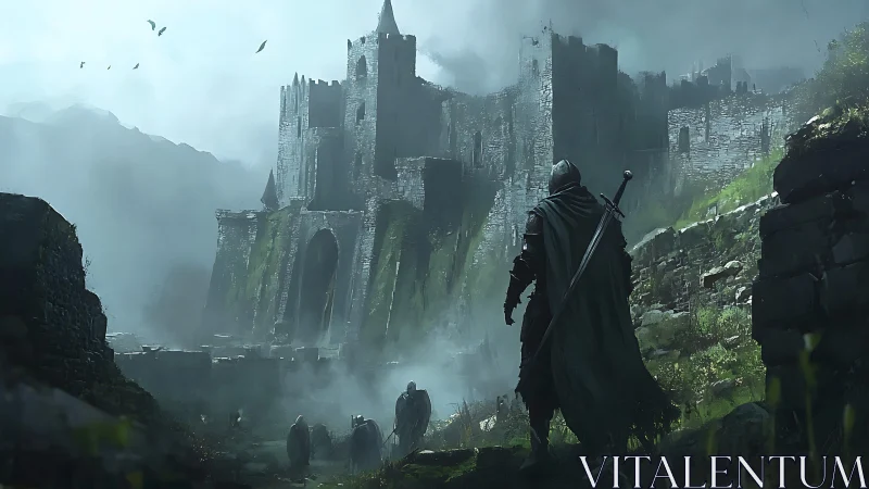 Cloaked warrior approaches the moss-eaten haunted fortress gate.