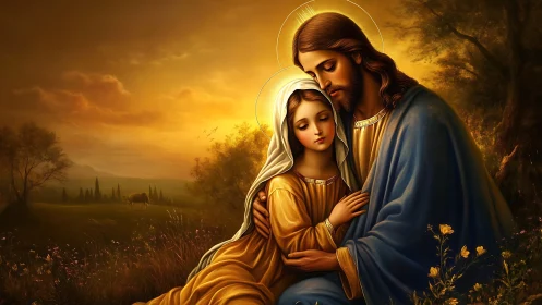 Sacred digital painting of holy embrace at golden sunset.
