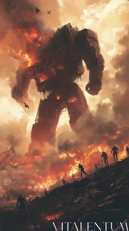 Colossal burning mech amid battlefield smoke and figures.