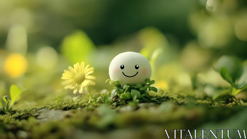 Smiling round character on moss beside yellow daisy flower.