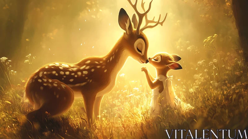 Deer and fawn in golden forest clearing with scattered vegetation