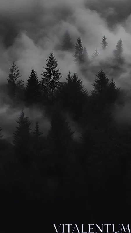 Fog-shrouded coniferous forest in monochrome.