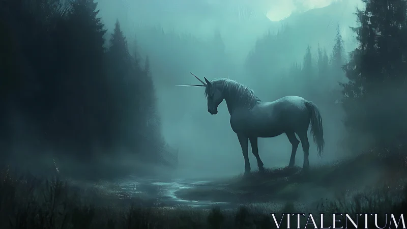 Moonlit marsh unicorn pauses in ghost-blue forest hush.