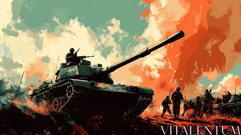 Armored thunderstorm surges across a battlefield sky of fire.