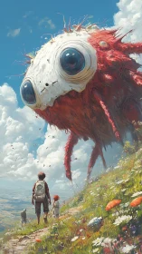 Giant red creature and children walking in open landscape.