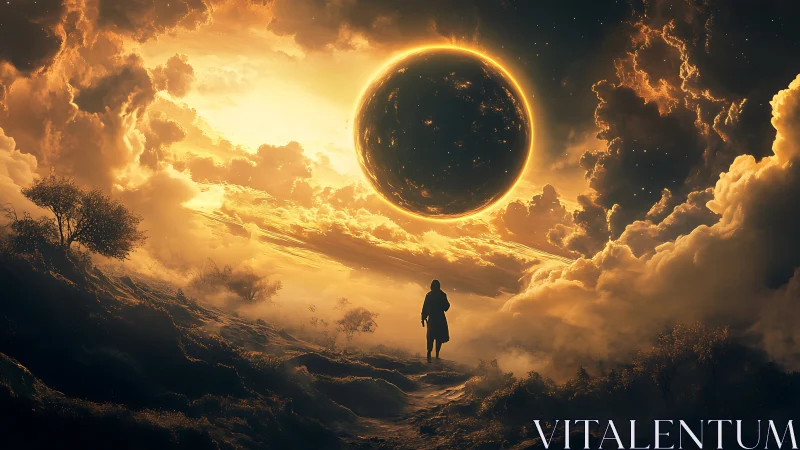 Lone wanderer under burning eclipse over storm clouds.