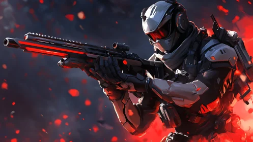 Futuristic armored sniper operative with glowing red rifle.