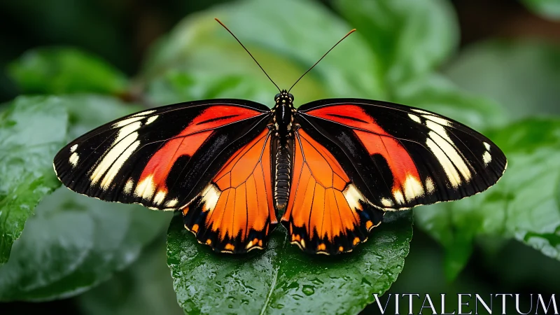 Macro study of a tropical butterfly on wet foliage surface.