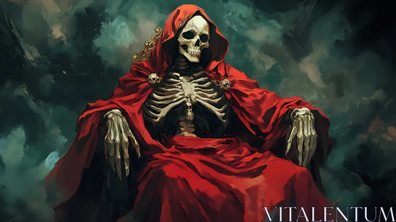Macabre skeletal monarch lounges beneath a crimson shroud.