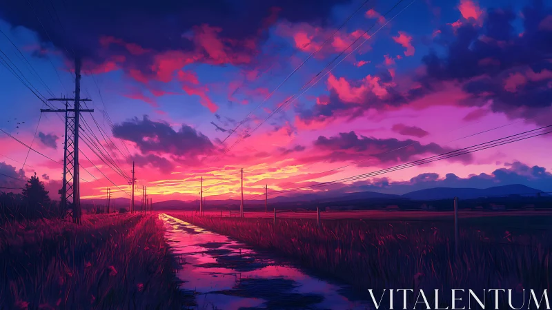 Electric dusk roadway mirrored in neon-streaked puddles of sky.