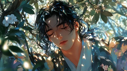 Serene young man rests under dappled flowering branches