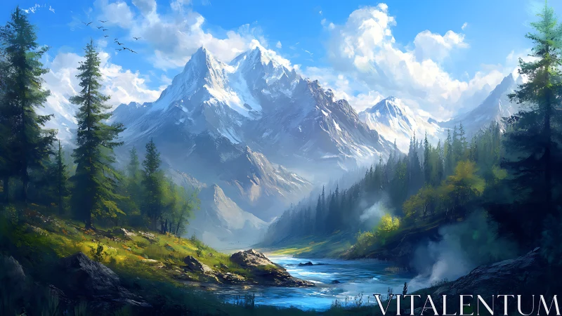 Snowy mountain range above river and forest valley.