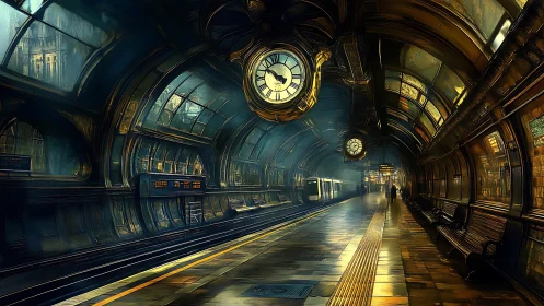 Subway platform interior shows arched tunnel and central clock