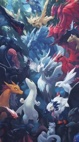 Elemental fox creatures converging in dense forest arena.