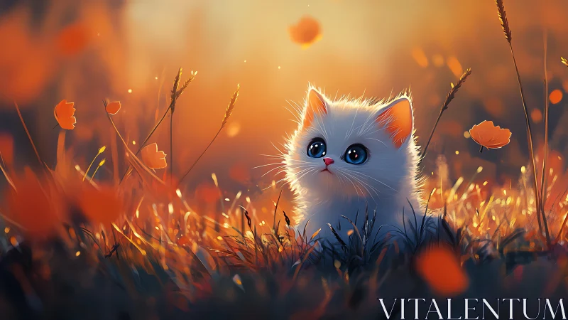White Kitten in Golden Wildflower Field at Sunset.