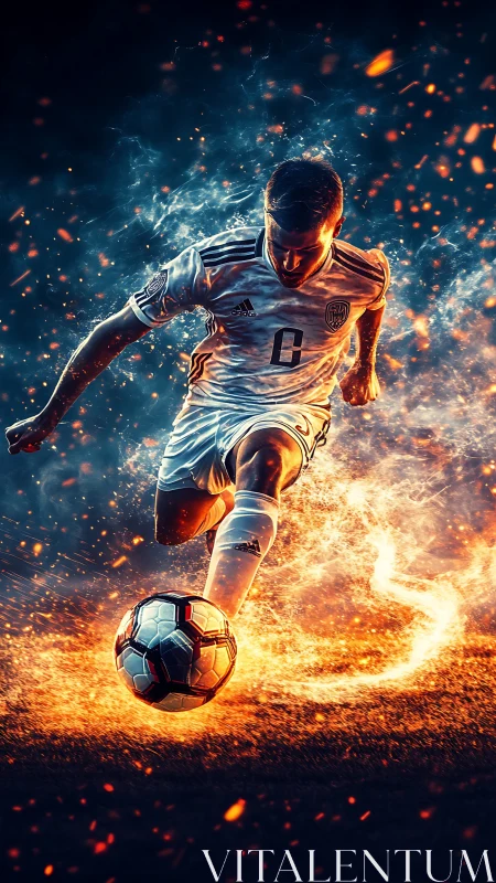 Dynamic football striker in fiery motion trail digital art.