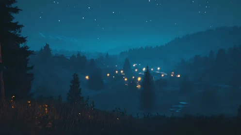Nocturnal valley village rendered in cool cinematic digital lighting