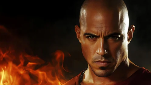 Intense firelit warrior meets your gaze with fierce focus.