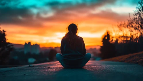 Solitary figure studies blazing sunset over quiet hillside.