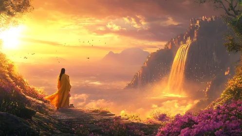 Solitary robed figure overlooking radiant golden waterfall.