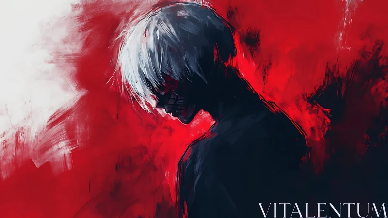 White-haired silhouette in red abstract painterly void.