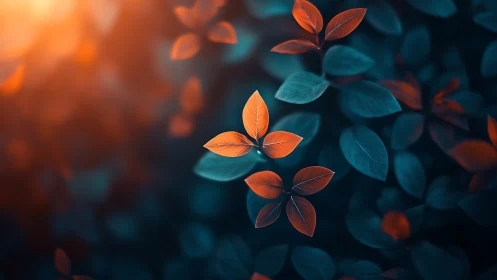 Luminous ember leaves drift upward through teal forest hush