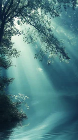 Morning light filters gently through trees above a calm river