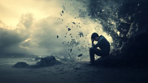 Shattered storm engulfs lonely man on desolate shore at dusk